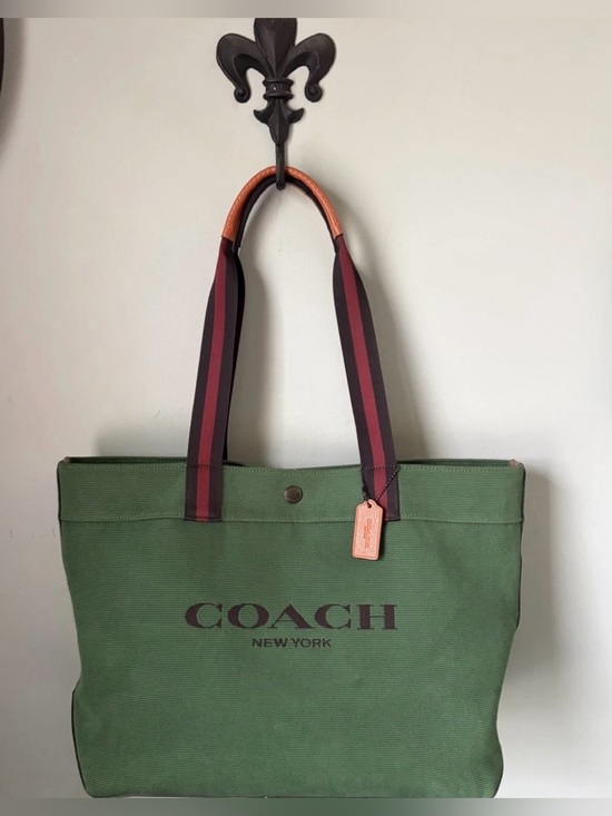 Coach Handbags - COACH Tote Bag 38 in Colorblock Forest Green Canvas/ Brown Leather/ Navy Stripes